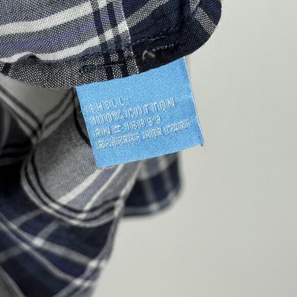 J McLaughlin Shirt Womens Large Navy Blue White Plaid Tunic Band Collar Pockets - Picture 4 of 8